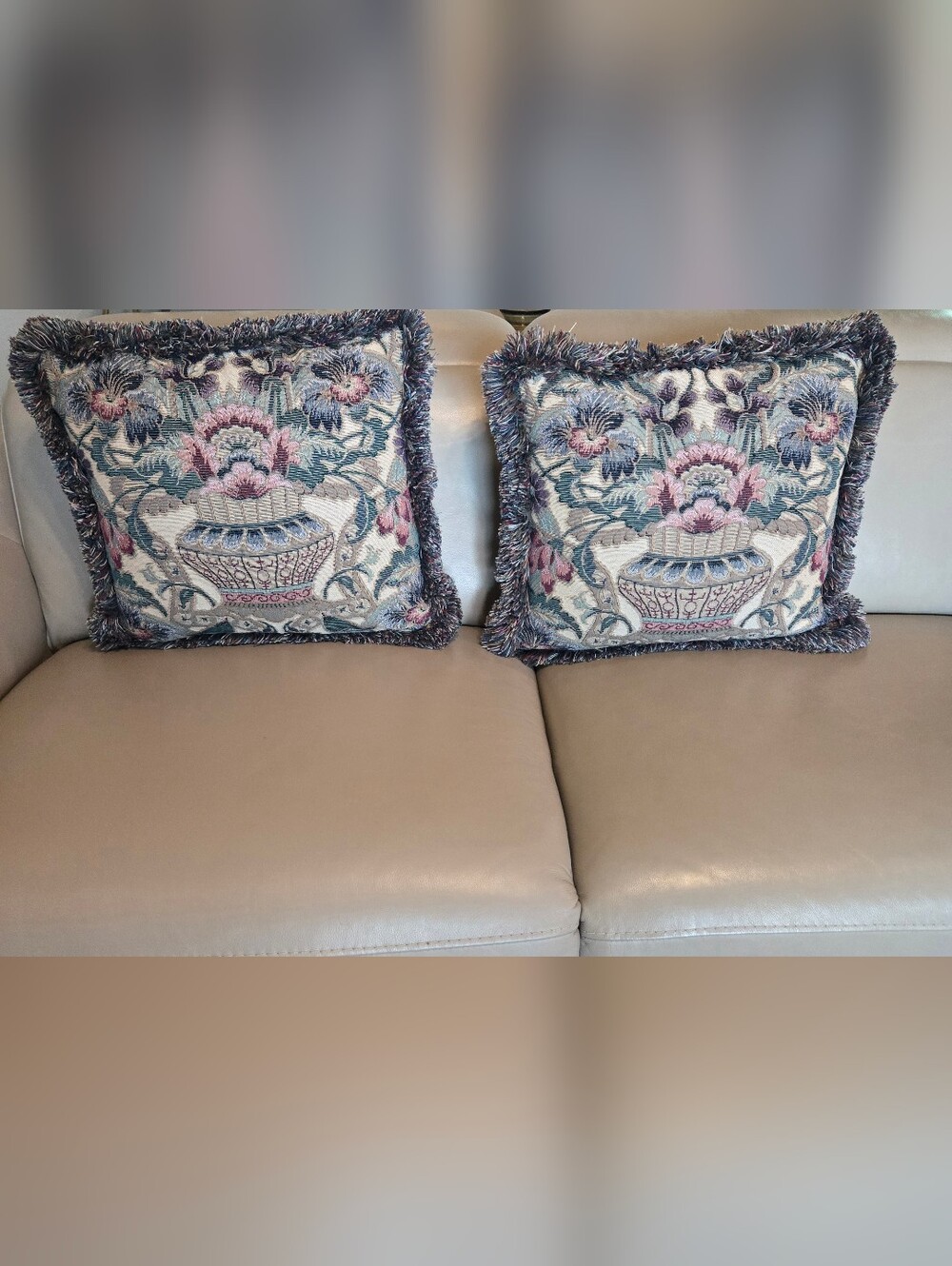 Vintage Set of Floral Tapestry Throw Pillows with Fringe - Pink, Blue, Cream